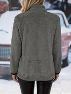 Women's gray sherpa fleece full-zip jacket, stand collar