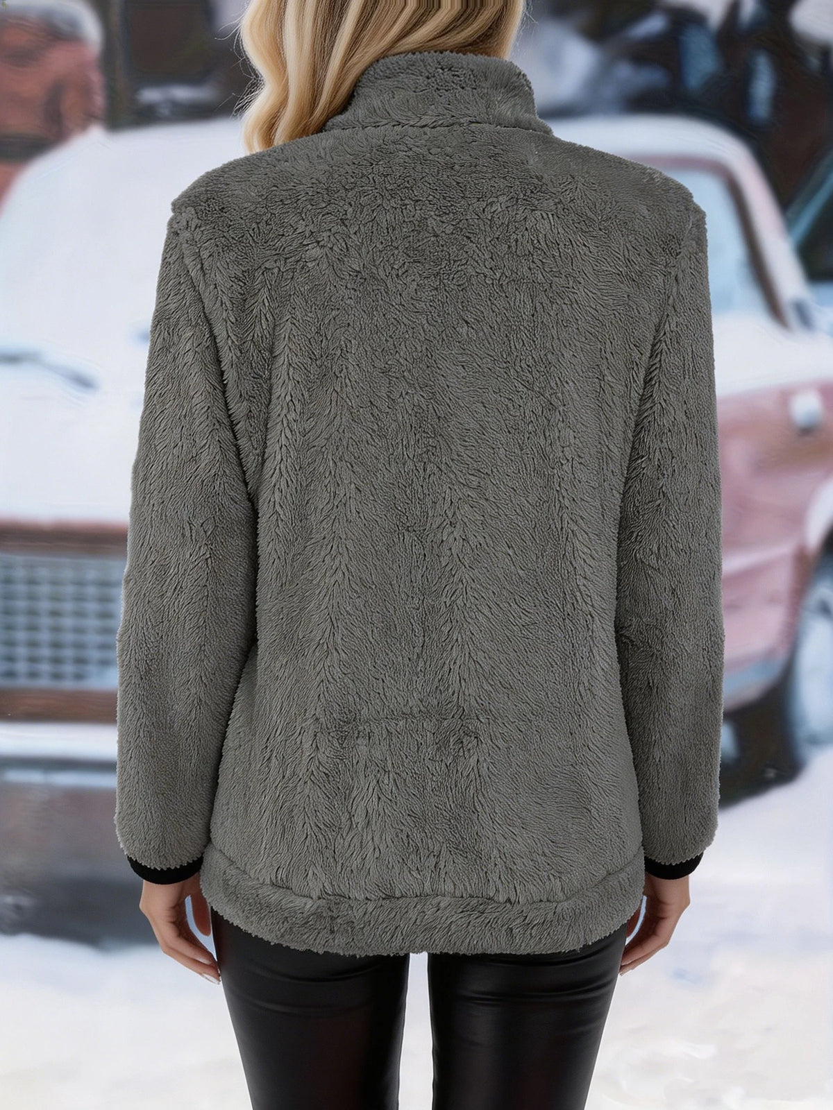 Women's gray sherpa fleece full-zip jacket, stand collar