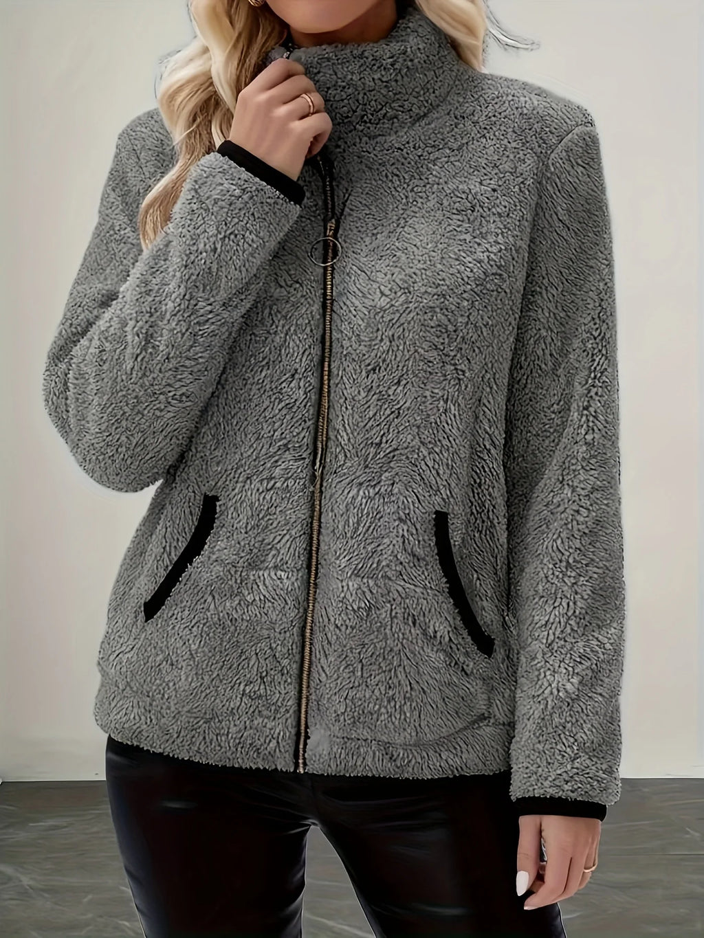 Women's gray sherpa fleece full-zip jacket, stand collar