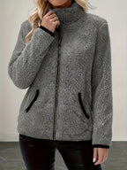 Women's gray sherpa fleece full-zip jacket, stand collar