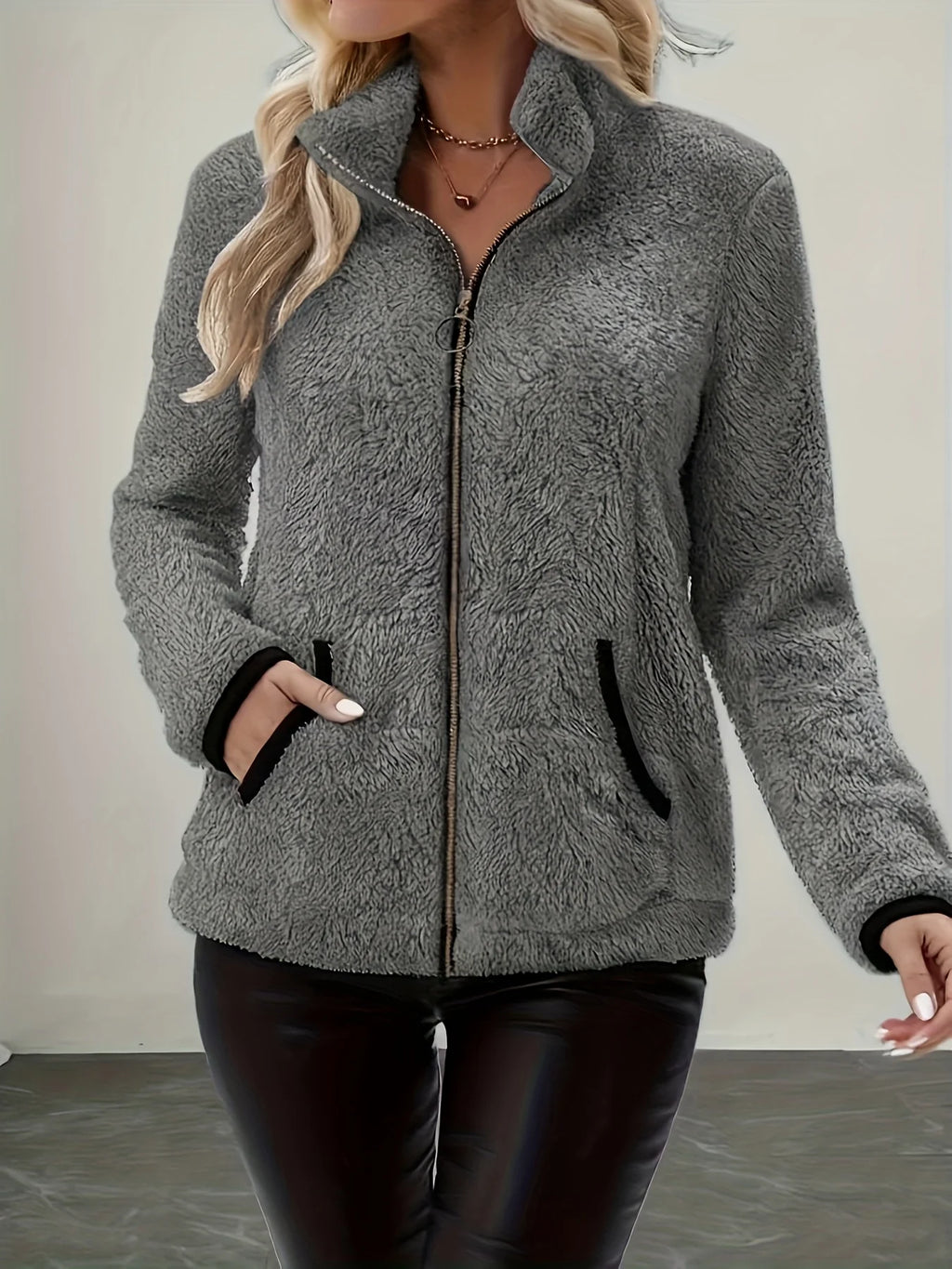 Women's gray sherpa fleece full-zip jacket, stand collar