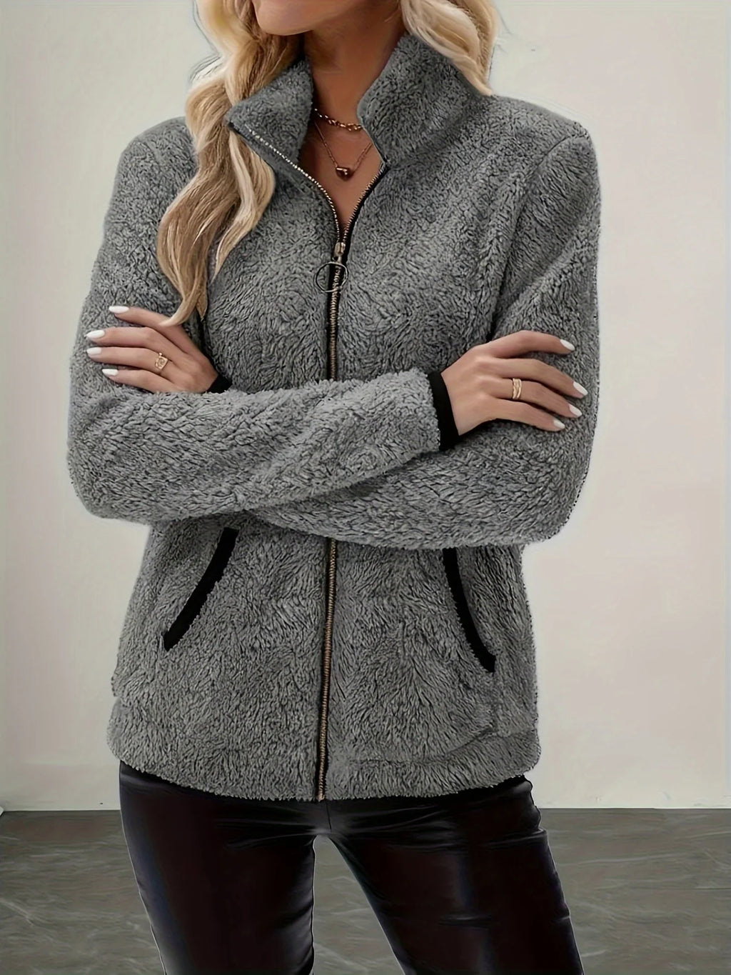 Women's gray sherpa fleece full-zip jacket, stand collar
