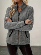 Women's gray sherpa fleece full-zip jacket, stand collar
