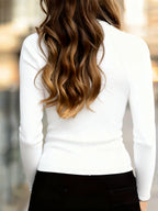 Women's white ribbed half-zip mock neck top, fitted knit