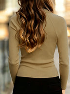 Women's camel ribbed half-zip mock neck top, fitted knit