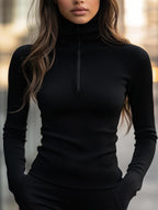 Women's black ribbed half-zip mock neck top, fitted knit