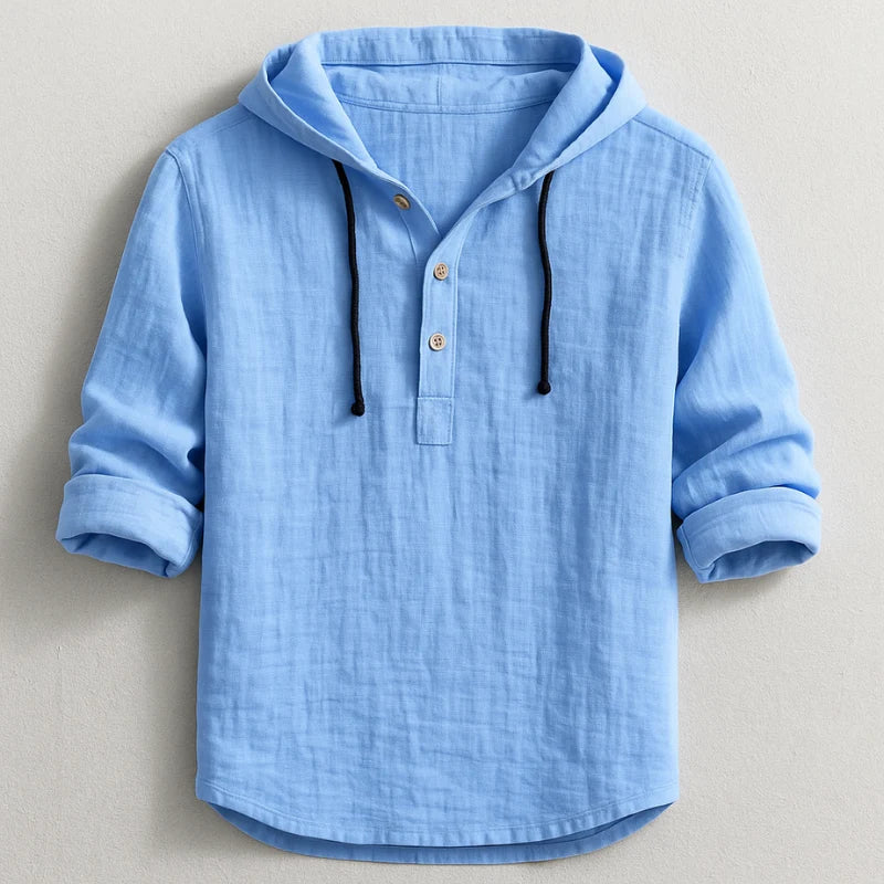 Men's blue hooded henley shirt