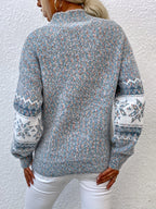 Women's gray Fair Isle sweater, back view snowflake band
