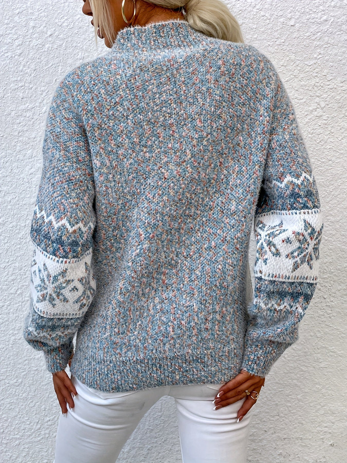 Women's gray Fair Isle sweater, back view snowflake band