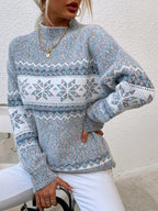 Women's gray mock neck sweater, snowflake pattern detail