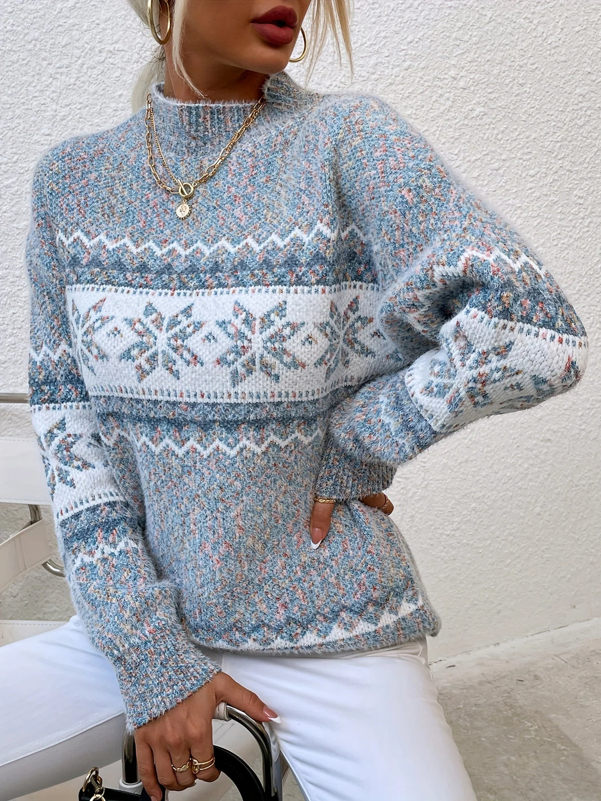 Women's gray mock neck sweater, snowflake pattern detail