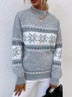 Women's gray Fair Isle snowflake sweater, front view