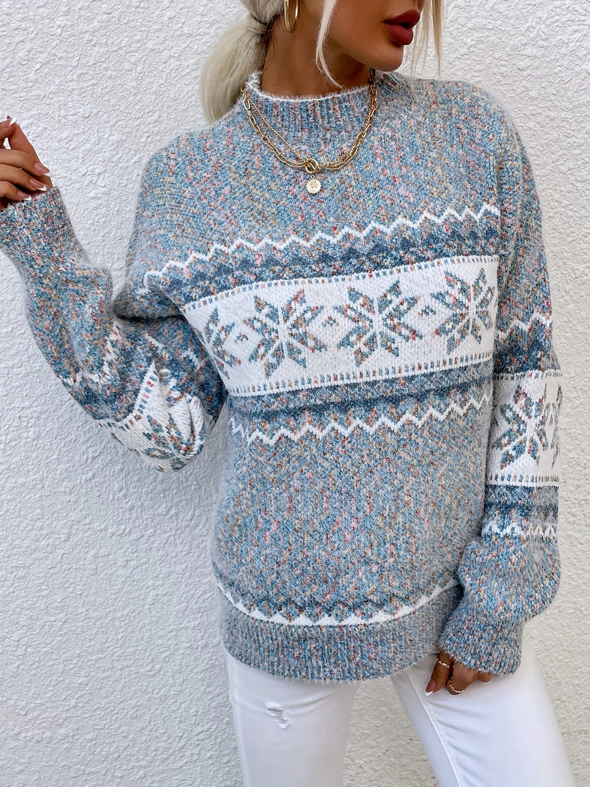 Women's gray heathered mock neck sweater, snowflake trim
