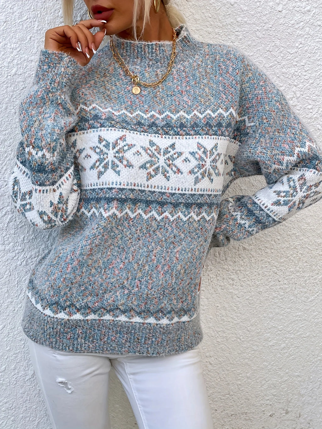 Women's gray snowflake mock neck sweater, sleeve detail