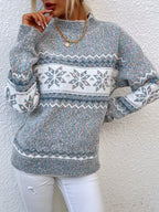Women's gray snowflake mock neck sweater, sleeve detail