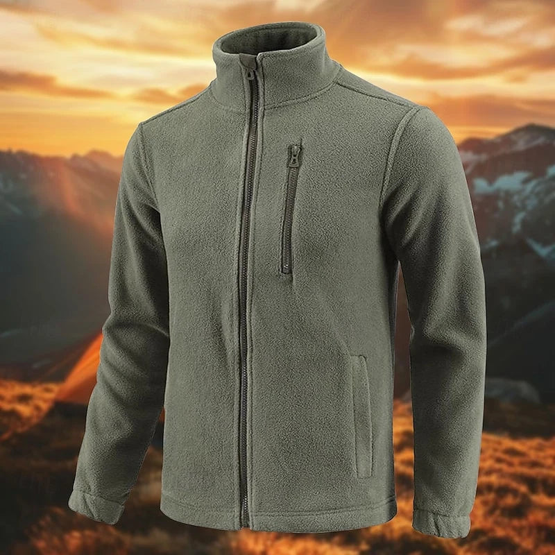 Men's khaki stand-collar Full-Zip Fleece Jacket with Chest Pocket