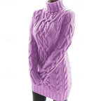 Women's purple fitted Cable Knit Turtleneck Sweater Dress for Winter