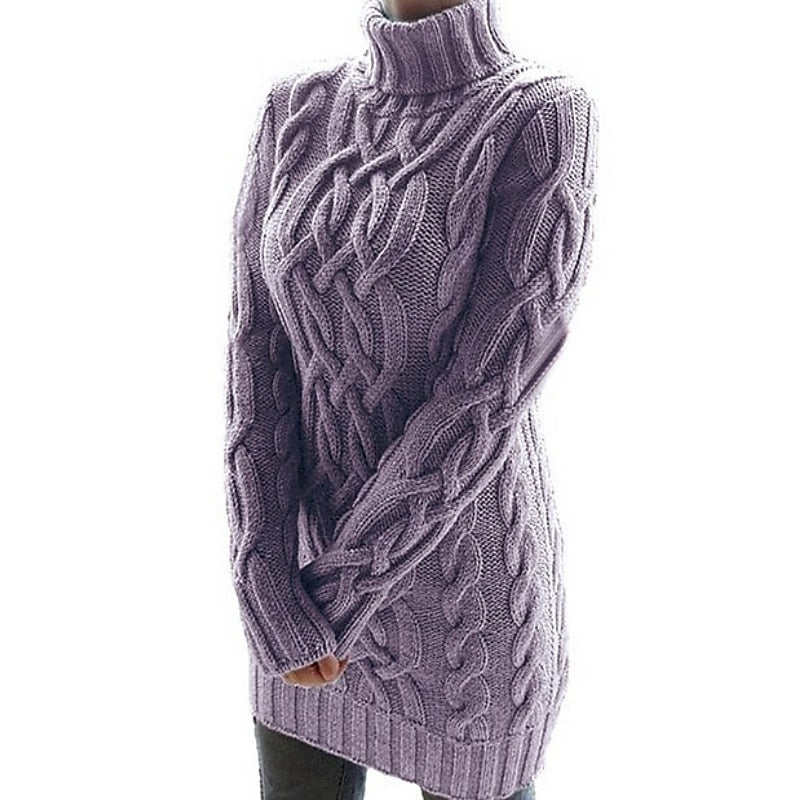 Women's khaki fitted Cable Knit Turtleneck Sweater Dress for Winter