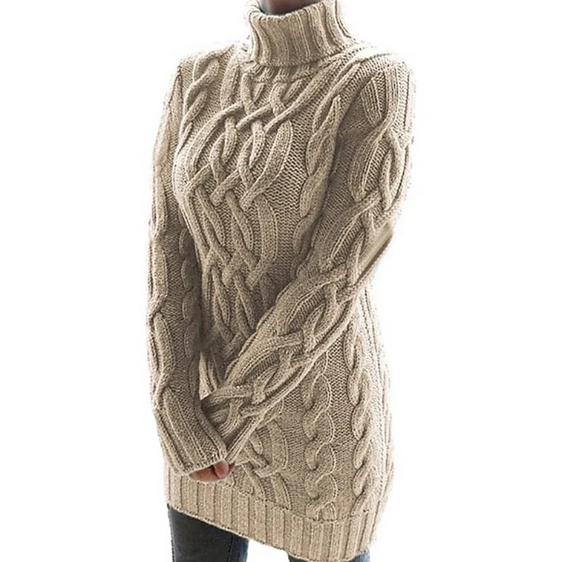 Women's black fitted Cable Knit Turtleneck Sweater Dress for Winter