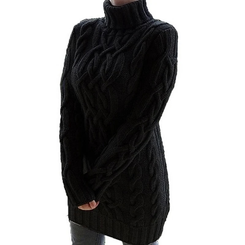 Women's white fitted Cable Knit Turtleneck Sweater Dress for Winter