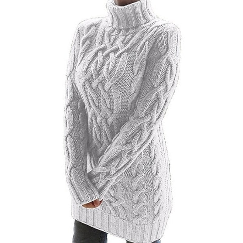 Women's gray fitted Cable Knit Turtleneck Sweater Dress for Winter