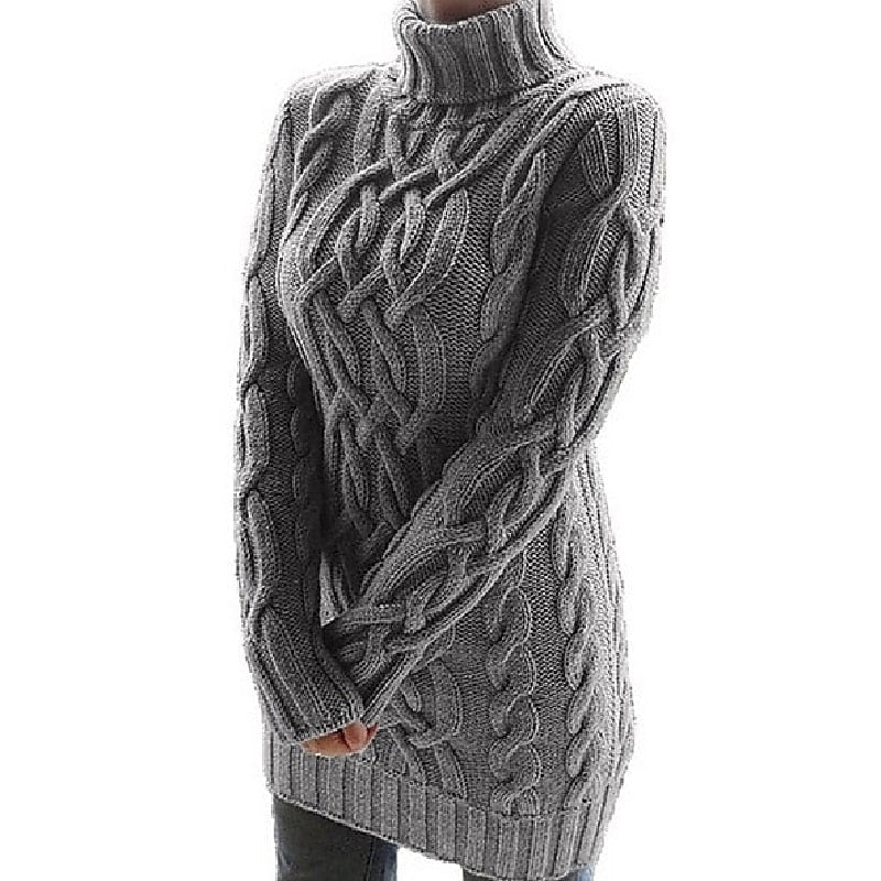Women's gray fitted Cable Knit Turtleneck Sweater Dress for Winter