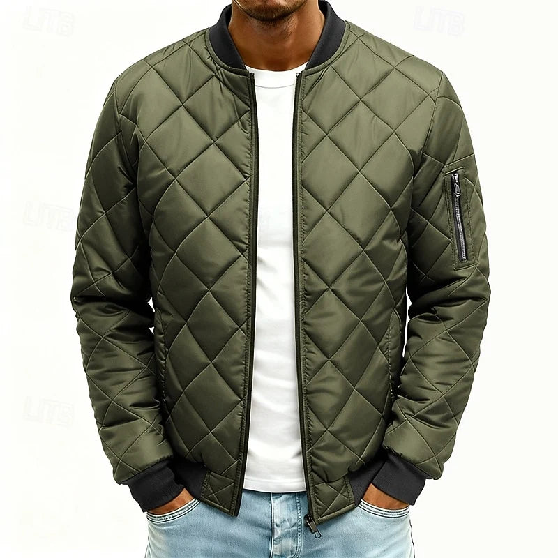Men's army green quilted Bomber Jacket with Ribbed Collar and Cuffs