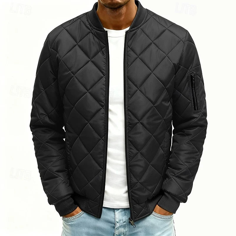 Men's black quilted Bomber Jacket with Ribbed Collar and Cuffs