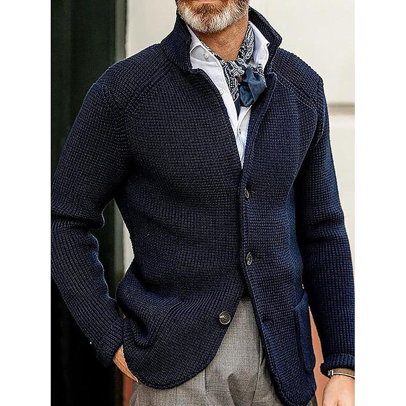 Men's navy blue textured Stand-Collar Sweater Jacket, Blazer Cut