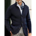 Men's navy blue textured Stand-Collar Sweater Jacket, Blazer Cut