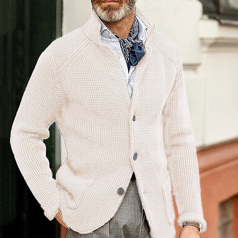 Men's white textured Stand-Collar Sweater Jacket, Blazer Cut