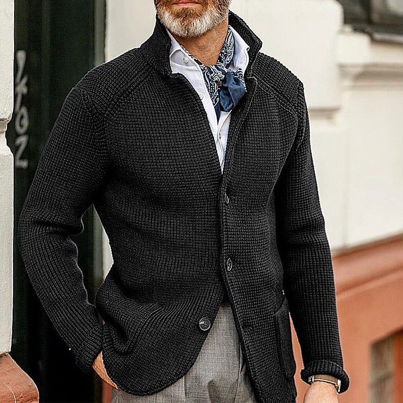 Men's coffee textured Stand-Collar Sweater Jacket, Blazer Cut