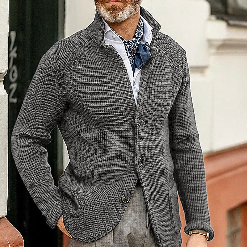 Men's army green textured Stand-Collar Sweater Jacket, Blazer Cut