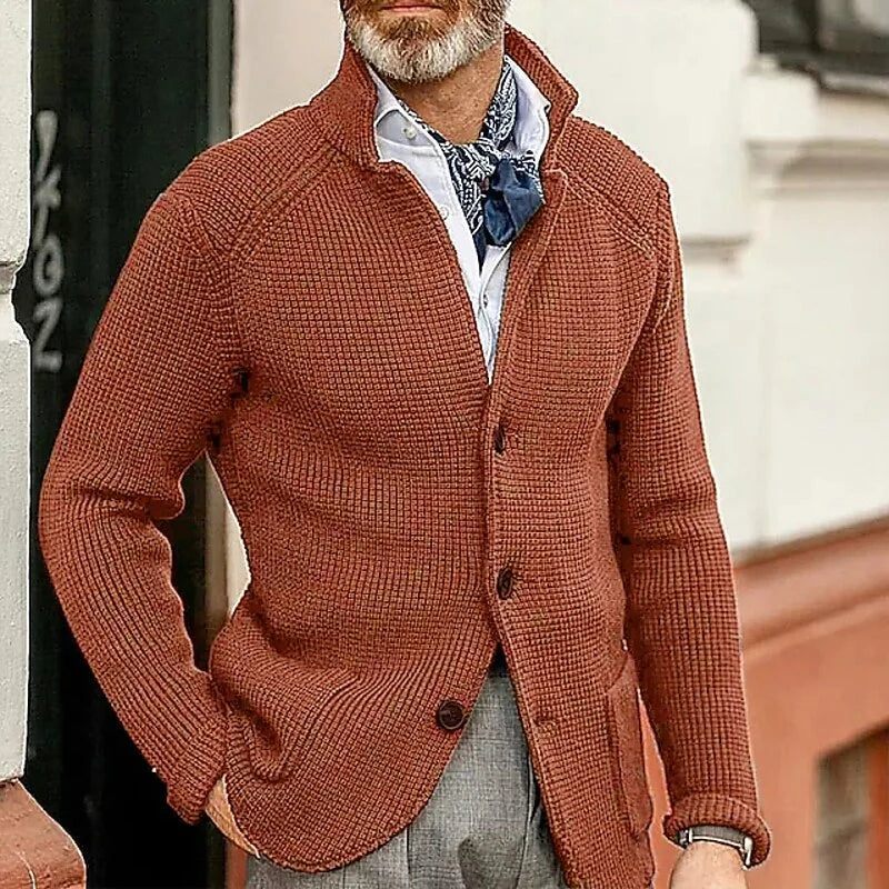 Men's white textured Stand-Collar Sweater Jacket, Blazer Cut