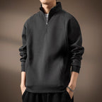 Men's dark gray textured quarter-zip pullover, front view