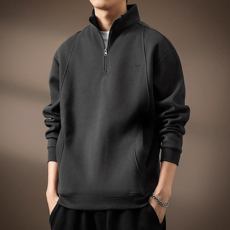 Men's dark gray textured quarter-zip pullover, front view