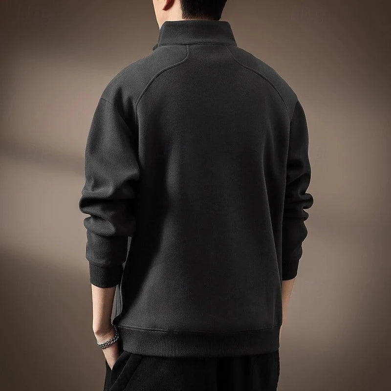 Men's dark gray quarter-zip sweatshirt, back view