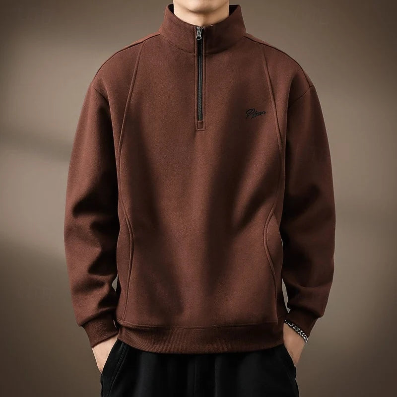 Men's coffee brown quarter-zip mock neck sweatshirt