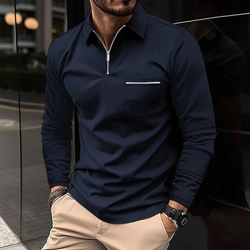 Men's dark navy refined Quarter-Zip Polo Sweater with Chest Stripe