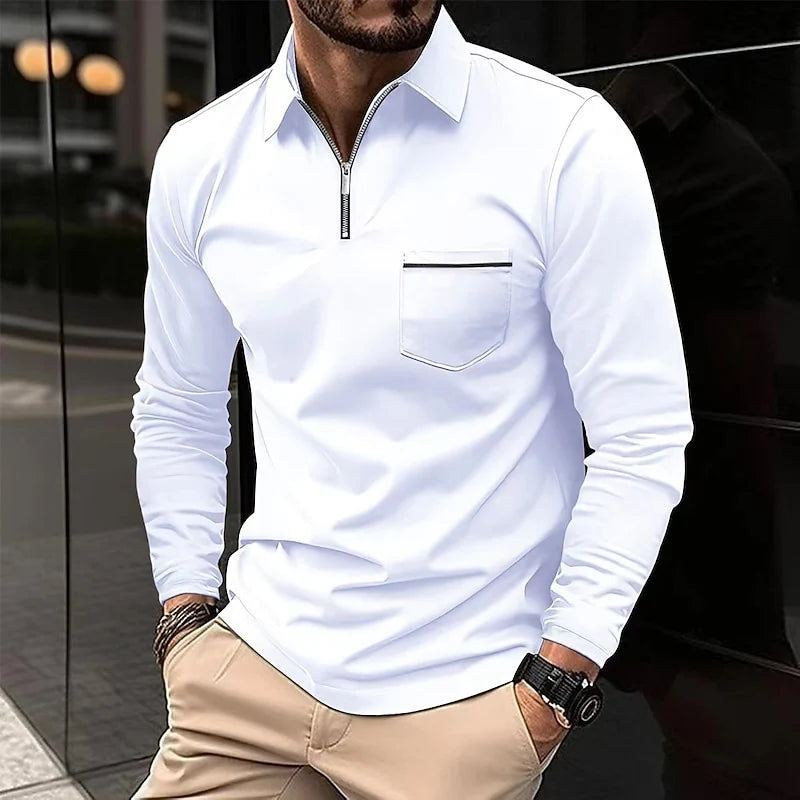 Men's white refined Quarter-Zip Polo Sweater with Chest Stripe