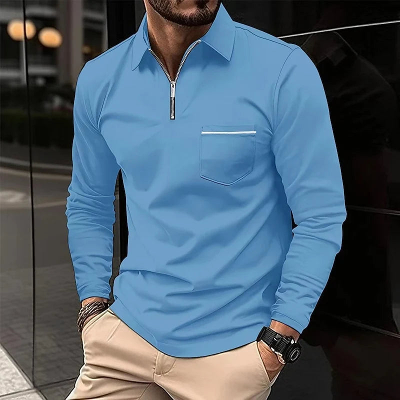 Men's sky blue refined Quarter-Zip Polo Sweater with Chest Stripe