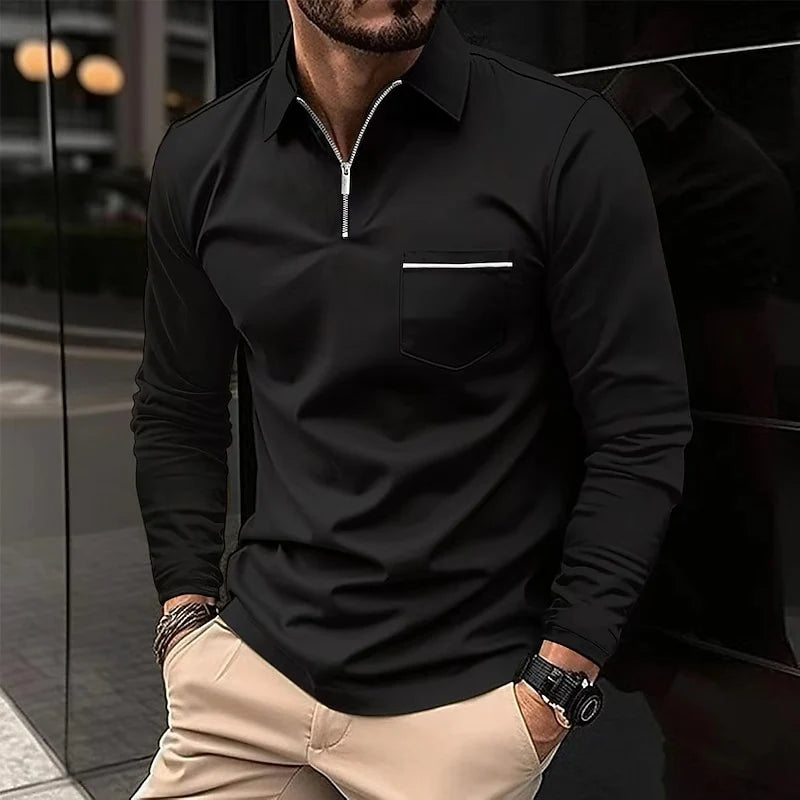 Men's black refined Quarter-Zip Polo Sweater with Chest Stripe