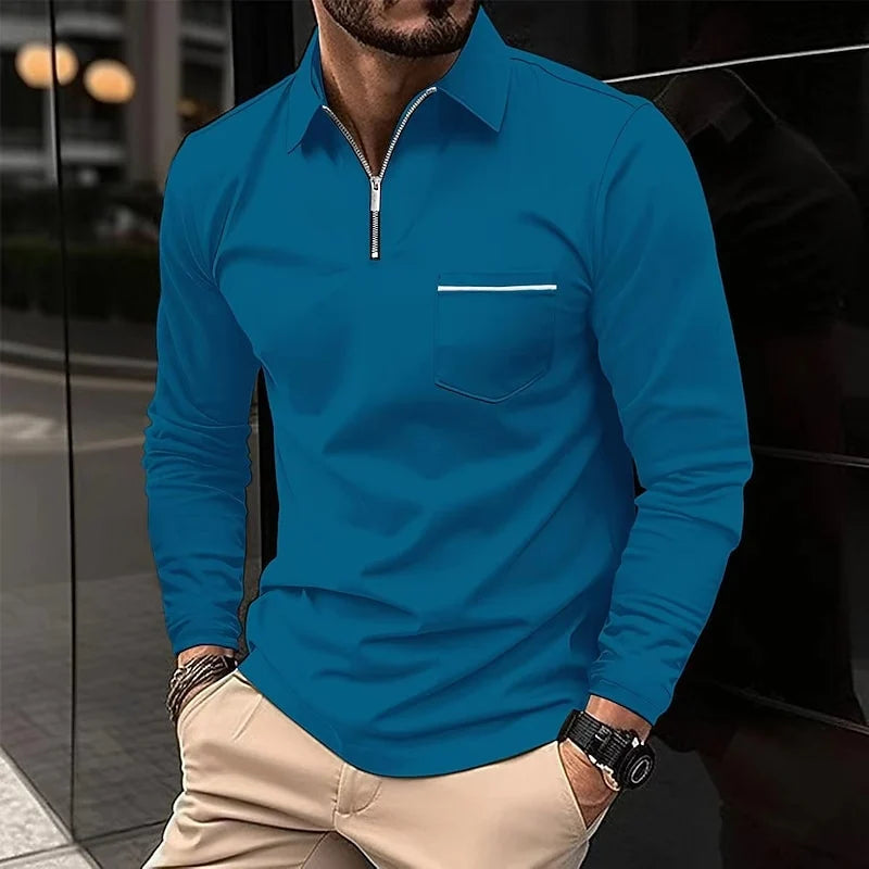 Men's blue refined Quarter-Zip Polo Sweater with Chest Stripe