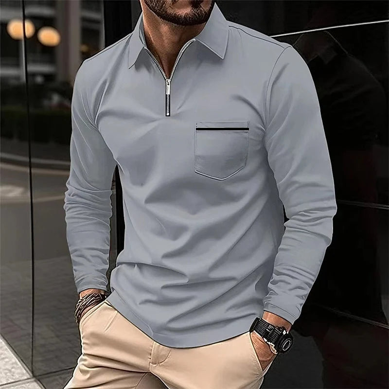 Men's gray refined Quarter-Zip Polo Sweater with Chest Stripe