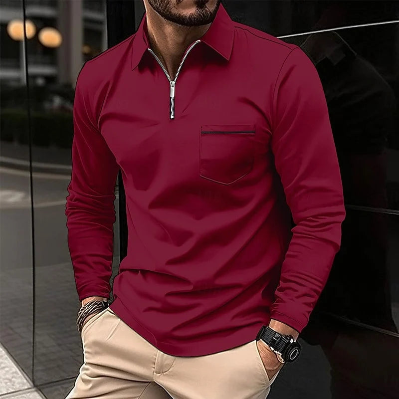 Men's wine refined Quarter-Zip Polo Sweater with Chest Stripe