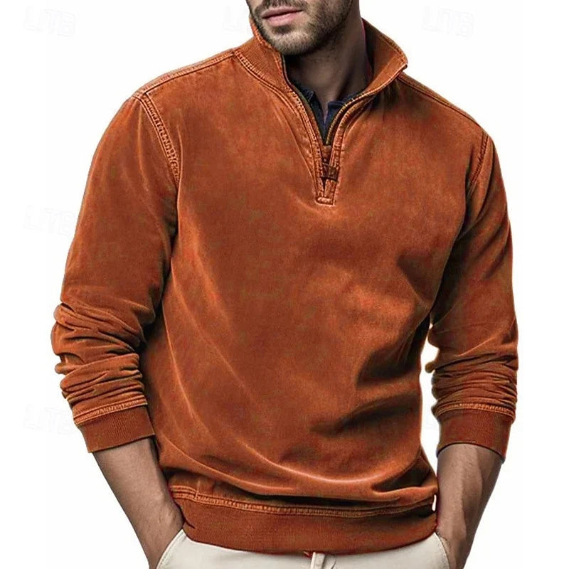 Men's orange garment-dyed Stand-Collar Quarter-Zip Sweatshirt