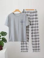 Men's light grey relaxed Checkered Two-Piece Loungewear Set for Winter