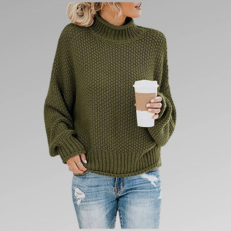 Women's green high-neck knit sweater