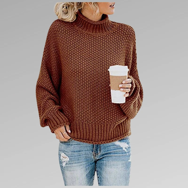 Women's brown high-neck knit sweater