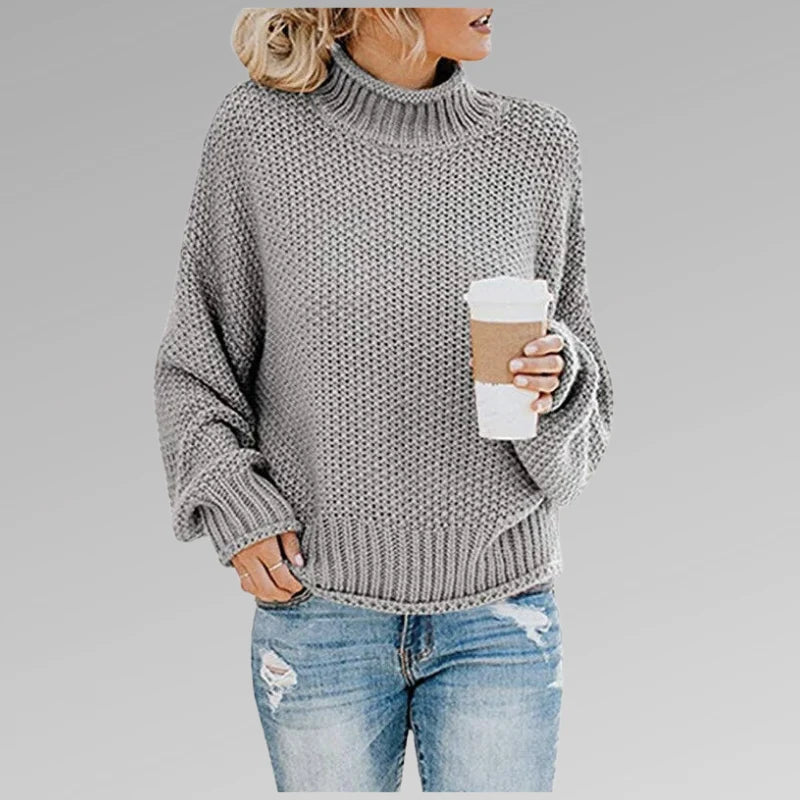 Women's gray high-neck knit sweater
